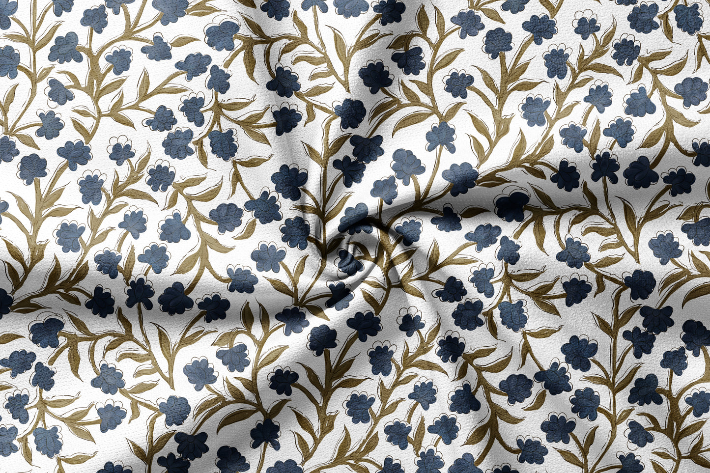 Olive Indigo Bloom - Decorative Printed Fabric - Sample