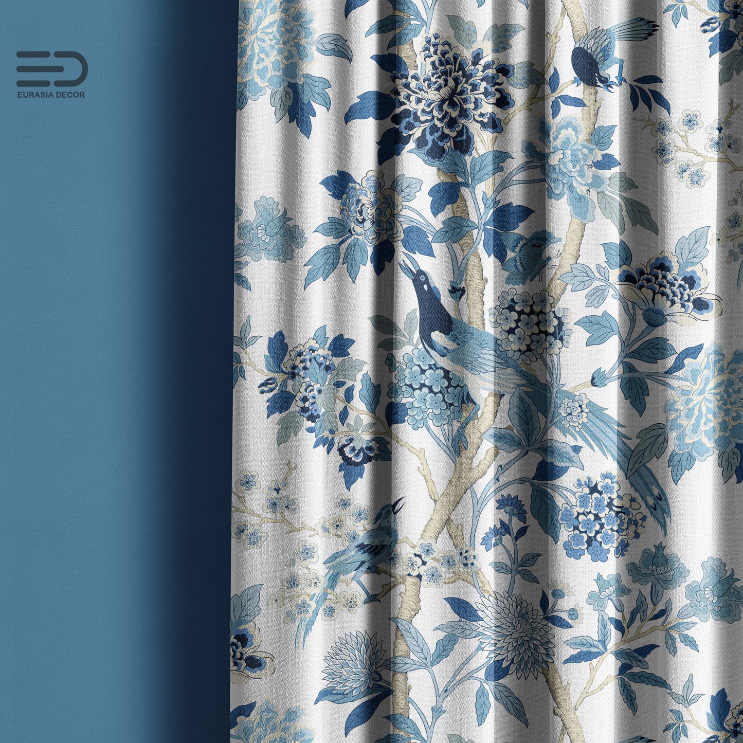 Blue Chinoiserie Birds - Decorative Printed Fabric