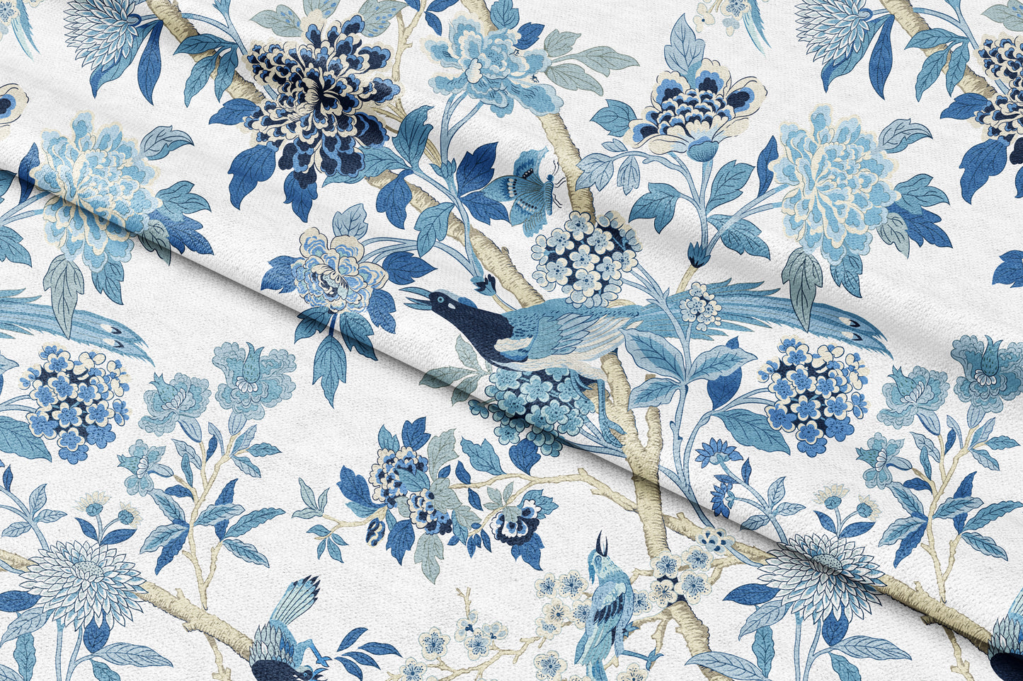 Blue Chinoiserie Birds - Decorative Printed Fabric