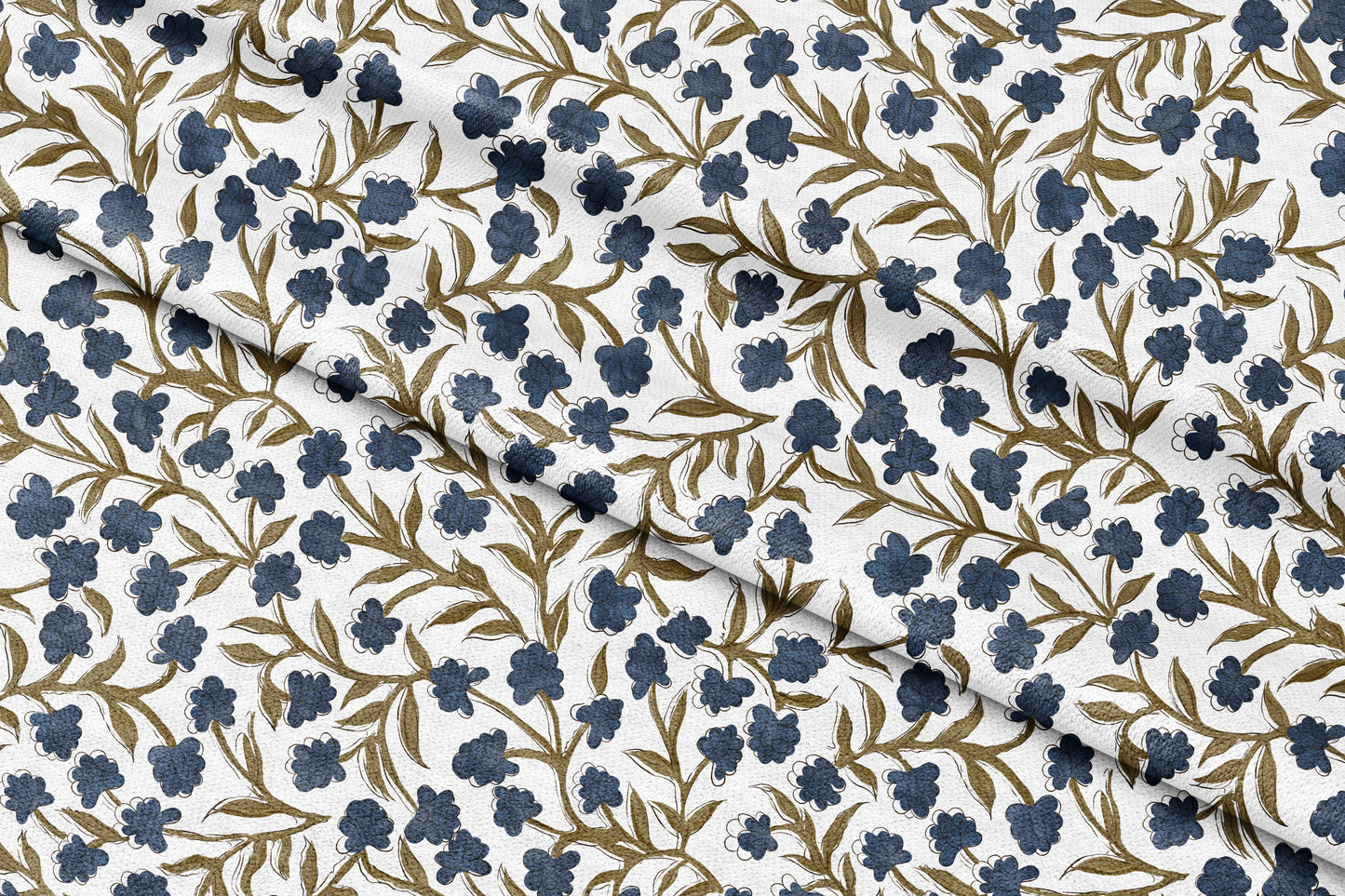 Olive Indigo Bloom - Decorative Printed Fabric