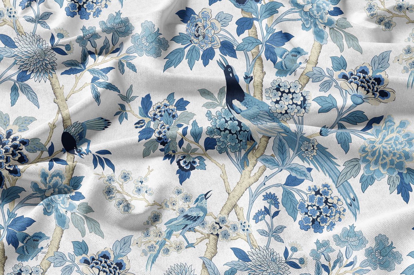 Blue Chinoiserie Birds - Decorative Printed Fabric