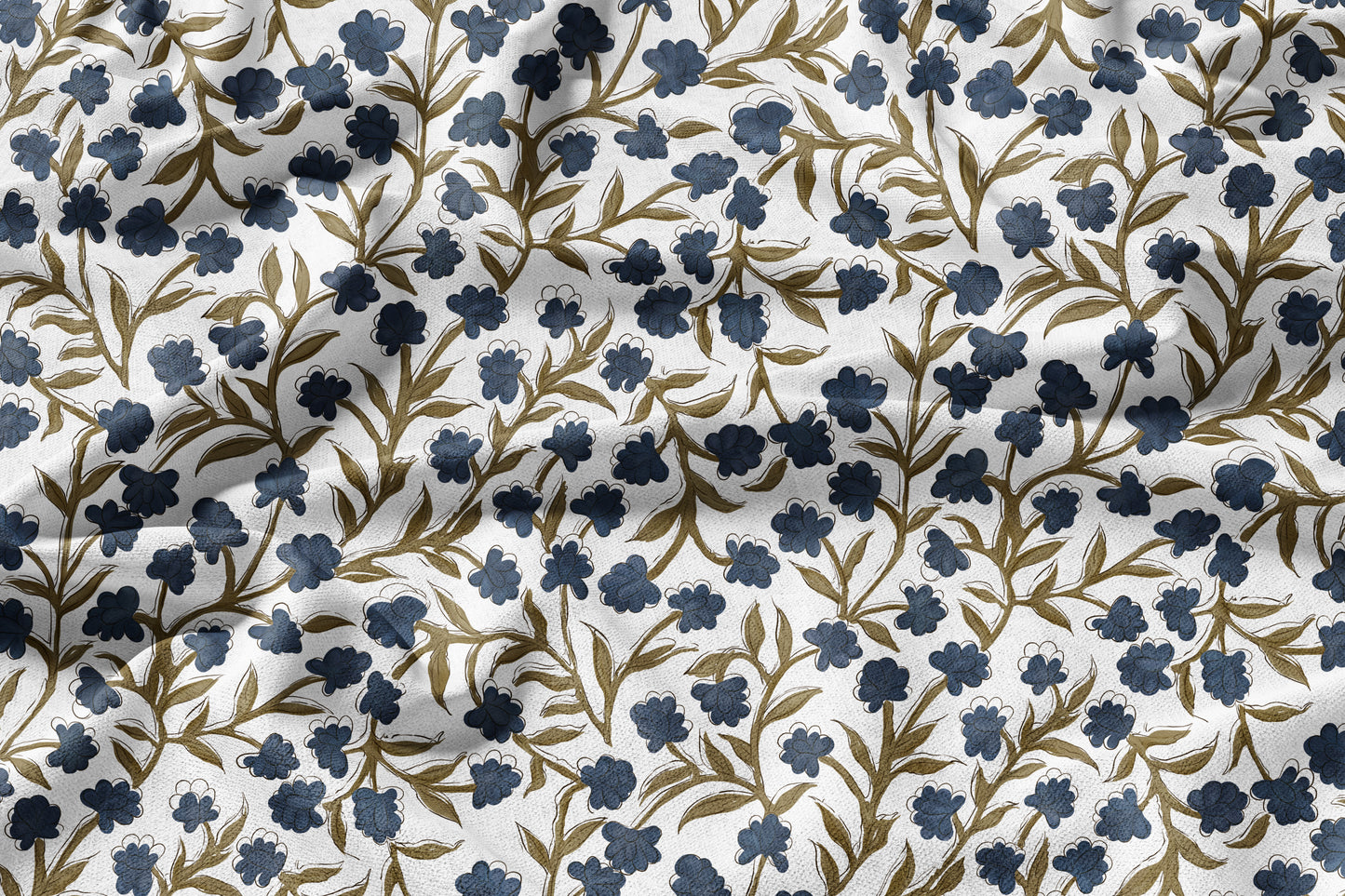 Olive Indigo Bloom - Decorative Printed Fabric