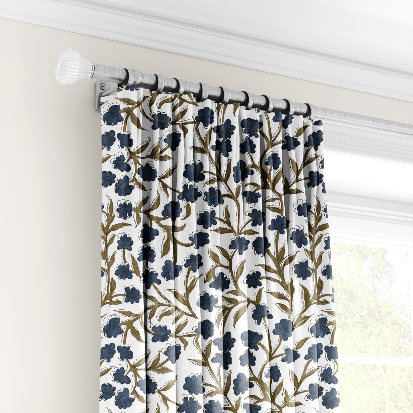 Olive Indigo Bloom - Decorative Printed Fabric