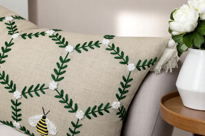 Bee Garden Hand Embroidered Linen Blend Cushion Cover