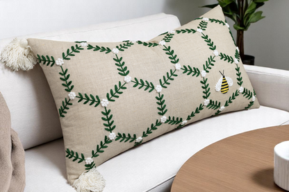 Bee Garden Hand Embroidered Linen Blend Cushion Cover