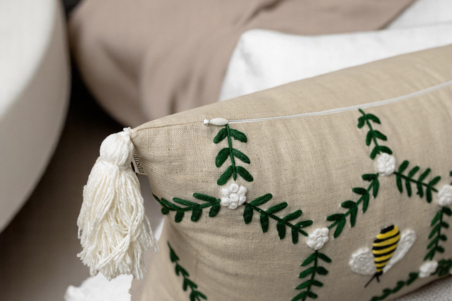 Bee Garden Hand Embroidered Linen Blend Cushion Cover